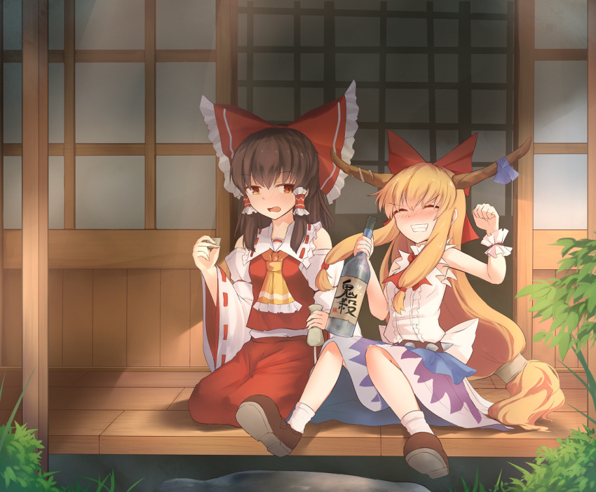 2girls :d arm_up ascot bangs blonde_hair blue_skirt blush bottle bow brown_footwear brown_hair center_frills choko_(cup) clenched_hand commentary_request cup detached_sleeves drunk eyebrows_visible_through_hair fen_zuo frilled_shirt_collar frills grin hair_bow hair_tie hair_tubes hakurei_reimu holding holding_bottle holding_cup horn_ornament horns house ibuki_suika long_hair long_skirt long_sleeves looking_at_viewer low-tied_long_hair medium_skirt multiple_girls nose_blush on_floor open_mouth orange_eyes outdoors red_bow red_neckwear red_skirt ribbon-trimmed_collar ribbon-trimmed_sleeves ribbon_trim sake_bottle seiza shirt shoes sidelocks sitting skirt sleeveless sleeveless_shirt sliding_doors smile spiked_belt straight_hair teeth tokkuri touhou v-shaped_eyebrows very_long_hair white_shirt wide_sleeves wrist_cuffs yellow_neckwear