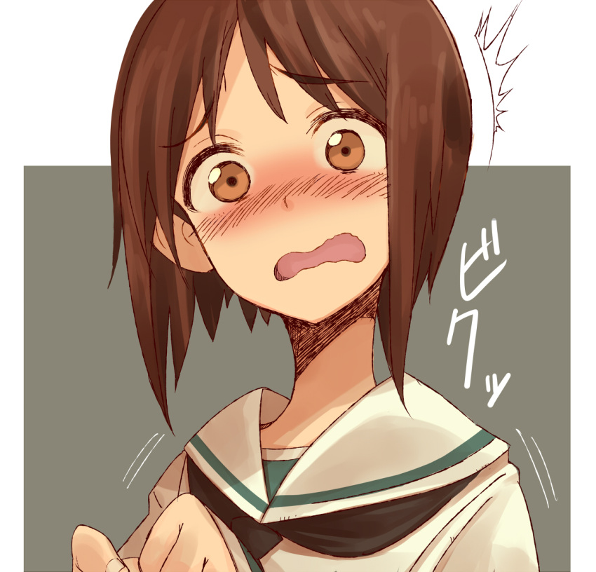 /\/\/\ 1girl bangs black_neckwear blouse blush brown_eyes brown_hair commentary eyebrows_visible_through_hair frown girls_und_panzer hands_together long_sleeves looking_at_viewer motion_lines neckerchief nishizumi_miho ooarai_school_uniform open_mouth portrait scared school_uniform serafuku short_hair solo suo_(sndrta2n) wavy_mouth white_blouse