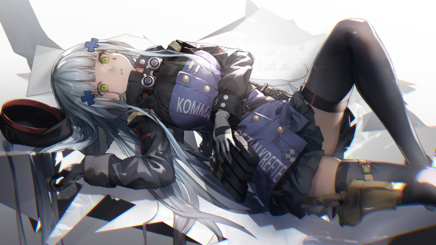 1girl arm_across_waist bangs beret black_legwear blunt_bangs breasts clothes_writing facial_mark girls_frontline gloves green_eyes hair_ornament hat hat_removed headwear_removed highres hk416_(girls_frontline) holster jacket knee_up long_hair long_sleeves looking_at_viewer lying magazine_(weapon) medium_breasts miya-ki_(miya_key) multicolored multicolored_clothes multicolored_jacket on_back open_mouth plaid plaid_skirt pleated_skirt sidelocks silver_hair skindentation skirt solo thigh-highs thigh_holster very_long_hair