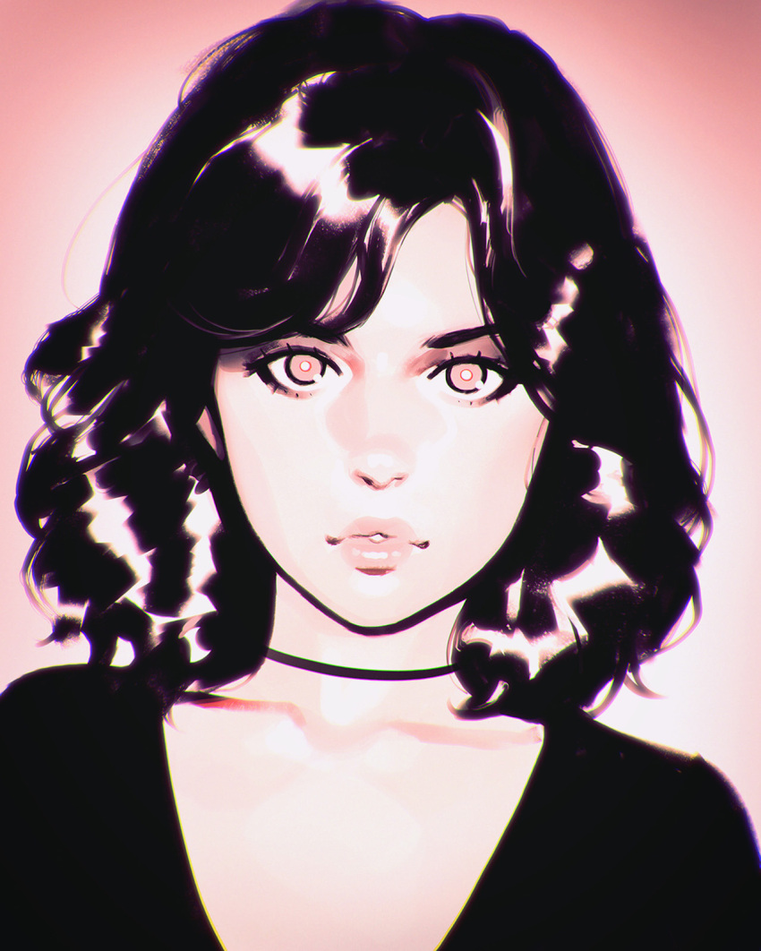 1girl black_hair choker close-up closed_mouth collarbone face gradient gradient_background highres ilya_kuvshinov lips looking_at_viewer medium_hair original red_background red_eyes solo