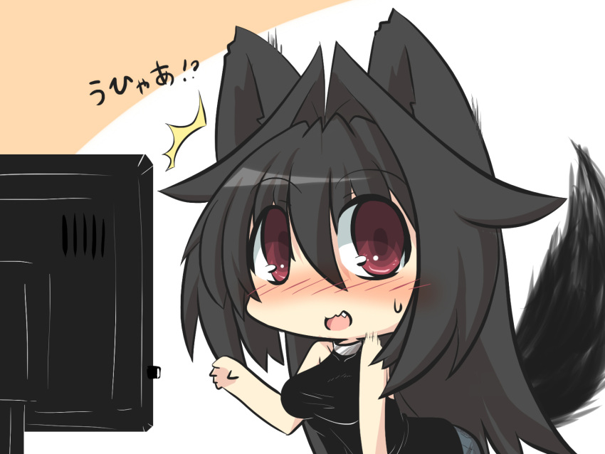 1girl animal_ears black_hair blush breasts chibi commentary_request denim fang fox_ears fox_tail goma_(gomasamune) hair_between_eyes hair_intakes highres jeans long_hair looking_at_viewer open_mouth original pants red_eyes sleeveless solo surprised sweatdrop tail television translated