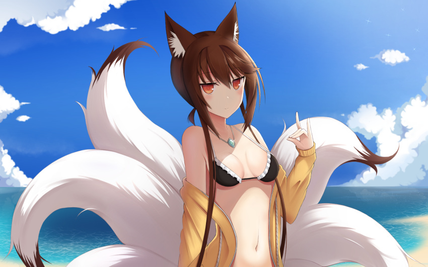 1girl animal_ears beach bikini breasts brown_hair cleavage fox_ears fox_girl fox_tail girls_frontline highres jacket jewelry looking_at_viewer multiple_tails necklace off_shoulder red_eyes sidelocks smile solo swimsuit tail type_79_(girls_frontline) xiaobai_(cheng_pan)