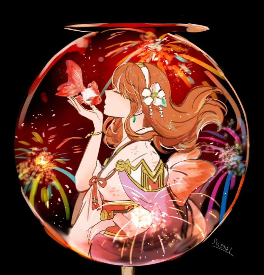 1girl celica_(fire_emblem) closed_eyes fire_emblem fire_emblem_echoes:_mou_hitori_no_eiyuuou fire_emblem_gaiden fire_emblem_heroes fireworks flower hair_flower hair_ornament highres japanese_clothes kimono kiss long_hair redhead sasaki_(dkenpisss) solo