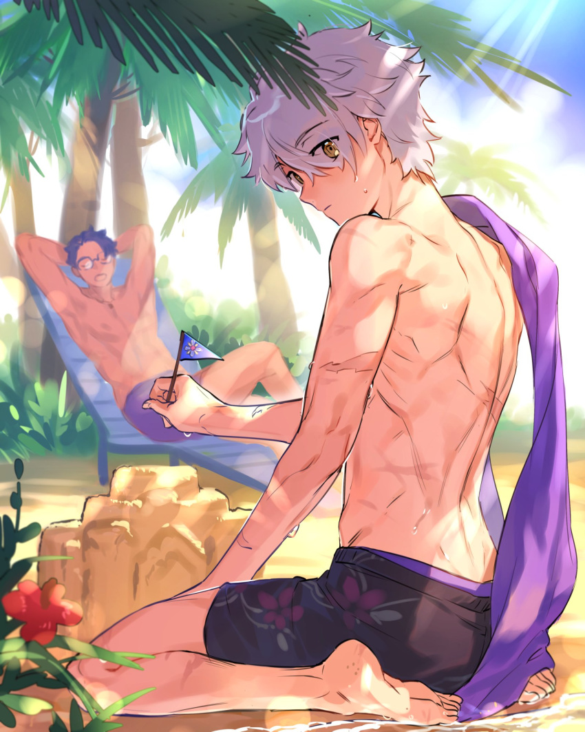 2boys arms_behind_head back beach_chair blue_sky clouds eyebrows_visible_through_hair eyes_visible_through_hair fate/grand_order fate_(series) father_and_son flower galahad_(fate) glasses grand_dobu hair_over_one_eye highres lancelot_(fate/grand_order) looking_at_viewer looking_back male_focus male_swimwear mini_flag multiple_boys palm_tree purple_hair sand sand_castle sand_sculpture scar silver_hair sky solo_focus swim_trunks swimsuit swimwear tree tree_shade yellow_eyes