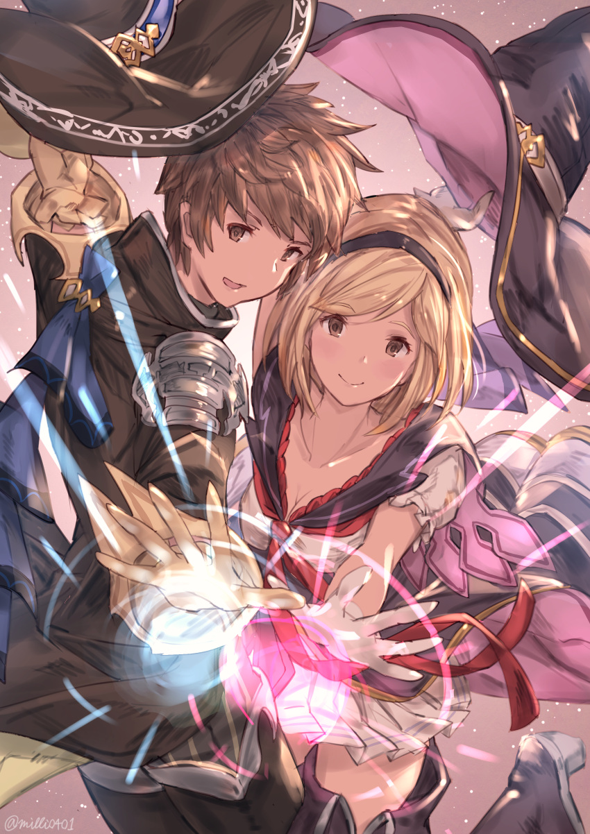 1boy 1girl absurdres blonde_hair boots breasts brown_hair cleavage collarbone djeeta_(granblue_fantasy) epaulettes frills gloves gran_(granblue_fantasy) granblue_fantasy hairband hat highres milli_little puffy_short_sleeves puffy_sleeves school_uniform serafuku short_hair short_sleeves thigh-highs thigh_boots warlock_(granblue_fantasy) witch_hat