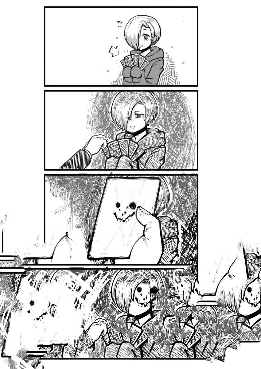 1girl 4koma :d absurdres bags_under_eyes card comic disgust earrings hair_over_one_eye happy highres holding holding_card hood hoodie idolmaster idolmaster_cinderella_girls jacy jewelry long_sleeves looking_at_another monochrome open_mouth playing_card poker_face shirasaka_koume short_hair smile sweatdrop