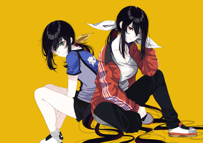 absurdres black_hair green_eyes hair_between_eyes hair_ribbon hanebado! hanesaki_ayano hanesaki_uchika highres long_hair mike.zen ponytail ribbon shirt short_sleeves simple_background sitting smile sportswear sweat very_long_hair