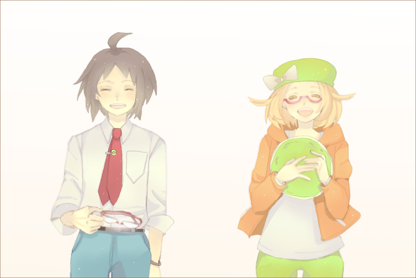 1boy 1girl ahoge black_hair blonde_hair canari cheren_(pokemon) closed_eyes commentary_request creatures_(company) game_freak glasses green_hat hat medium_hair nintendo open_mouth pants pokemon pokemon_(game) pokemon_bw2 smile