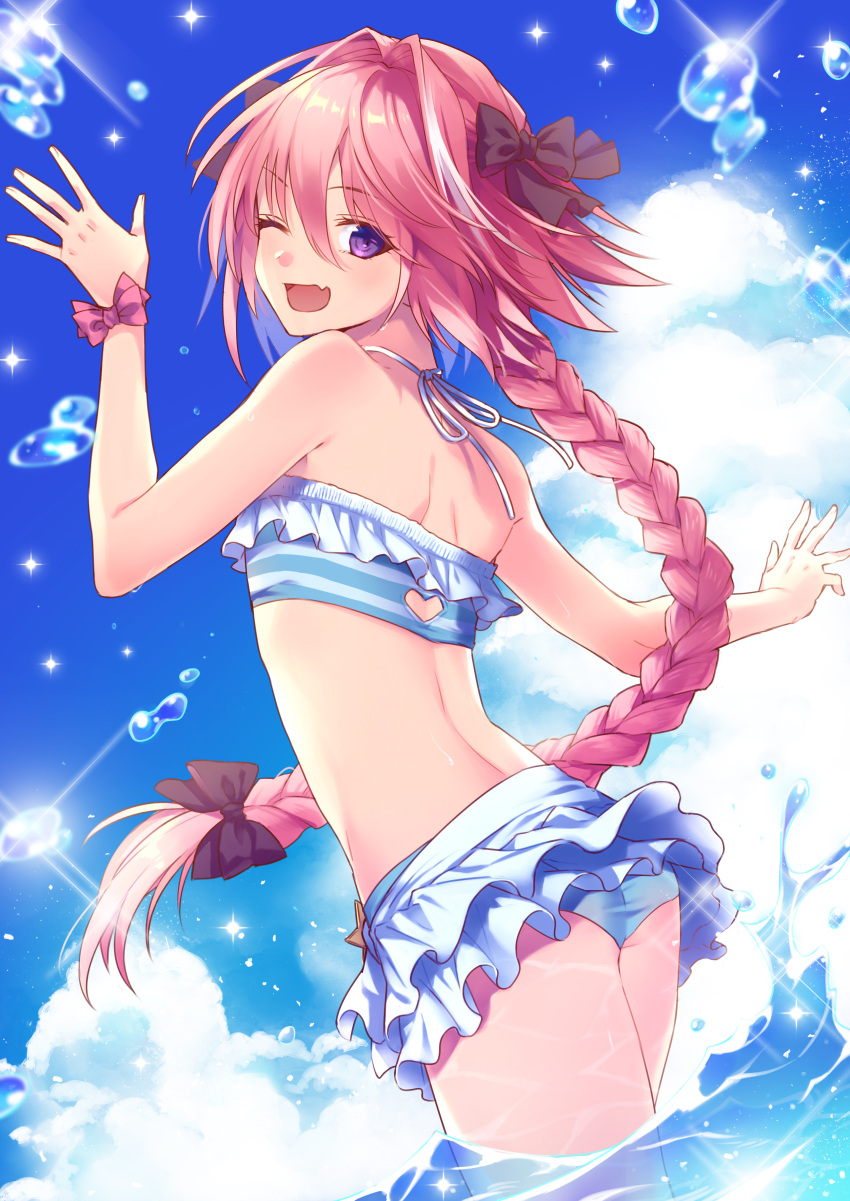1boy ;d absurdres arm_up ass astolfo_(fate) back bare_arms bare_shoulders bikini bikini_skirt black_bow blue_bikini blue_sky blush bow braid clouds day dutch_angle fang fate/grand_order fate_(series) from_behind hair_between_eyes hair_bow hair_intakes heart_cutout highres long_hair looking_at_viewer looking_back multicolored_hair ocean one_eye_closed open_mouth otoko_no_ko outdoors pink_bow pink_hair satou_iruno single_braid sky smile solo sparkle splashing streaked_hair striped striped_bikini swimsuit thighs very_long_hair violet_eyes water white_hair wrist_bow