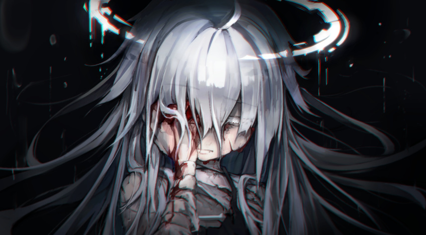 1girl bandage blood camisole close-up closed_mouth dark_background eyebrows_visible_through_hair face halo hand_on_own_face kajaneko long_hair original silver_hair solo