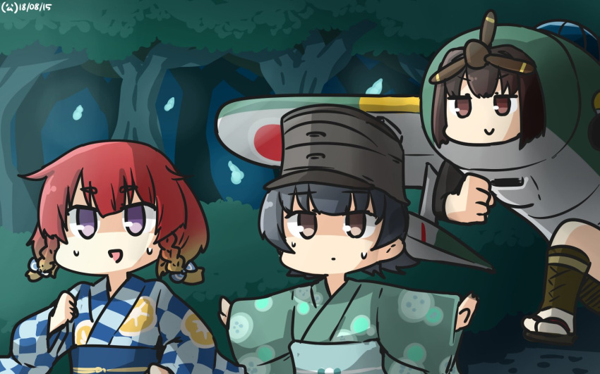 3girls :d alternate_costume arare_(kantai_collection) black_hair brown_eyes brown_hair dated etorofu_(kantai_collection) eyebrows_visible_through_hair hamu_koutarou hat highres hyuuga_(kantai_collection) japanese_clothes kantai_collection kimono long_sleeves multiple_girls obi open_mouth outstretched_arms redhead sash shaded_face short_hair smile spread_arms tree violet_eyes wide_sleeves yukata