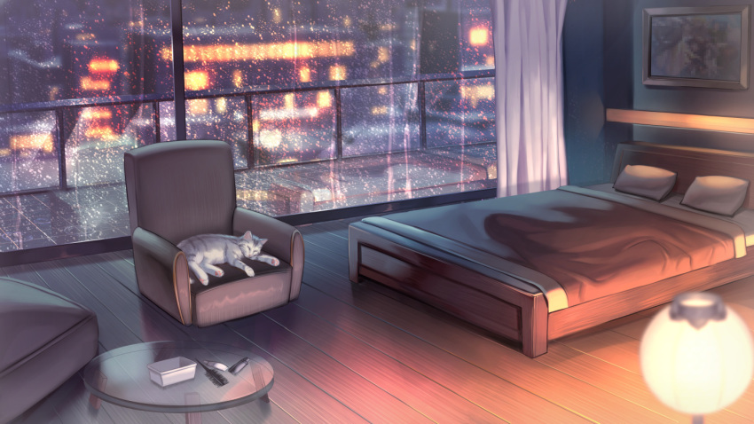 animal armchair bed bedroom blanket blurry blurry_foreground building cat chair city_lights comb curtains cushion depth_of_field hair_dye indoors lamp moonandmist night no_humans original photo_(object) pillow railing rain sleeping table white_cat window wooden_floor
