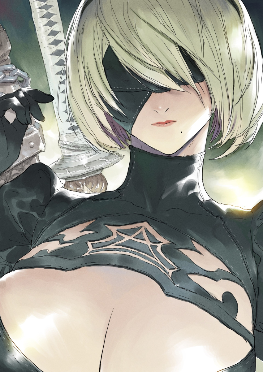 1girl absurdres black_blindfold black_dress black_hairband blindfold breasts cleavage cleavage_cutout closed_mouth covered_eyes devonpan dress facing_viewer gloves hairband hand_up high_collar highres katana large_breasts mole mole_under_mouth nier_(series) nier_automata pink_lips silver_hair sword sword_behind_back weapon yorha_no._2_type_b
