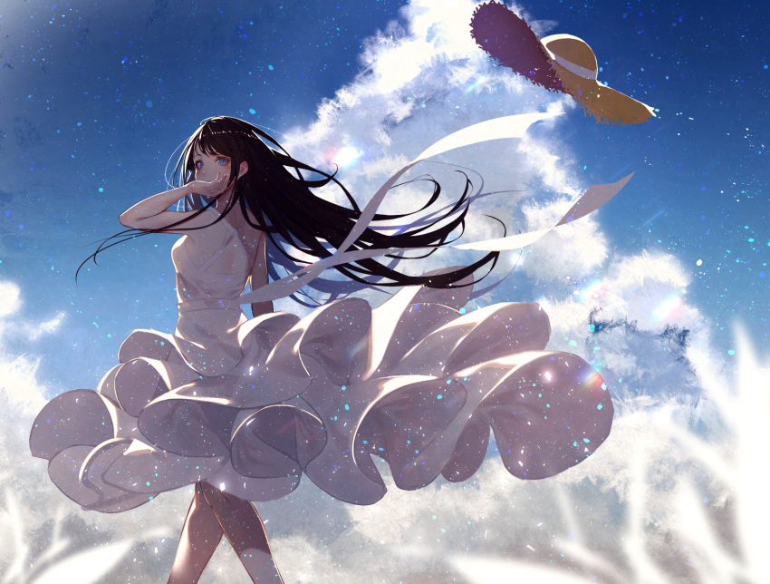 1girl bare_arms bare_shoulders blue_eyes blue_sky blush breasts brown_hair clouds commentary_request covered_mouth day dress hat hat_removed headwear_removed highres kisui_(user_wswf3235) long_hair looking_at_viewer looking_to_the_side original outdoors ribbon sky sleeveless sleeveless_dress small_breasts solo standing straw_hat very_long_hair white_dress white_ribbon window