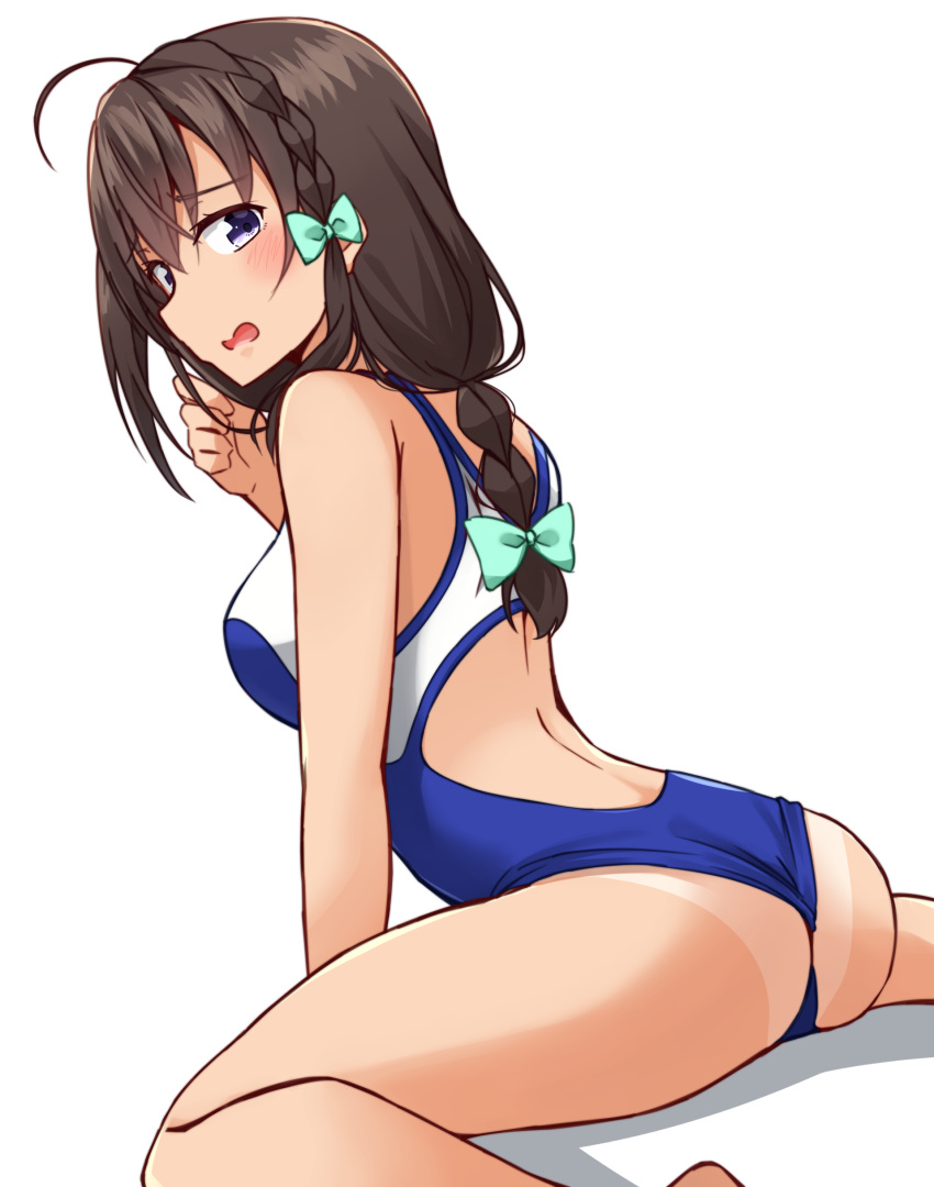 1girl absurdres ahoge arm_support ass bangs bare_arms bare_legs bare_shoulders blue_swimsuit blush bow braid breasts brown_hair casual_one-piece_swimsuit commentary_request eyebrows_visible_through_hair green_bow hair_between_eyes hair_bow high_school_fleet highres kapatarou leaning_forward long_hair medium_breasts one-piece_swimsuit parted_lips sitting solo swimsuit tan tanline uchida_mayumi violet_eyes wariza wedgie