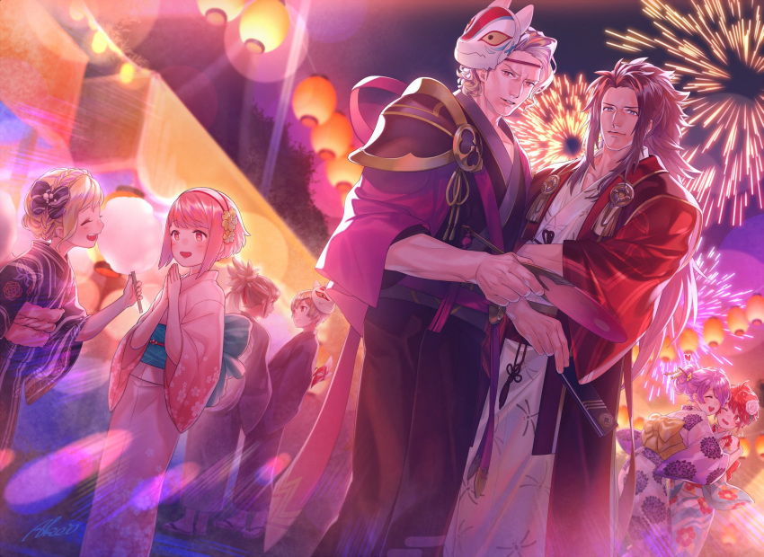 breasts brother_and_sister brothers camilla_(fire_emblem_if) drill_hair elise_(fire_emblem_if) festival fire_emblem fire_emblem_heroes fire_emblem_if hair_over_one_eye highres hinoka_(fire_emblem_if) hug iroha_(akei0710) japanese_clothes kimono leon_(fire_emblem_if) long_hair marks_(fire_emblem_if) mask multiple_girls open_mouth purple_hair red_eyes redhead ryouma_(fire_emblem_if) sakura_(fire_emblem_if) short_hair siblings sisters smile takumi_(fire_emblem_if) twin_drills twintails