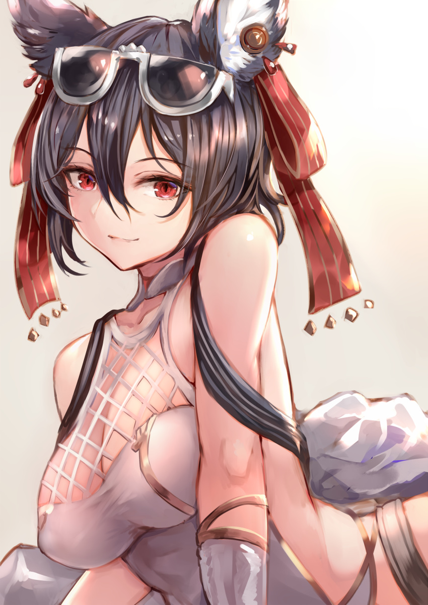 1girl animal_ears bangs bare_shoulders black_hair breasts cleavage closed_mouth collarbone erune eyebrows_visible_through_hair eyewear_on_head granblue_fantasy hair_between_eyes hair_ribbon highres ilsa large_breasts lips looking_at_viewer red_eyes red_ribbon ribbon short_hair smile solo sukemyon sunglasses swimsuit upper_body