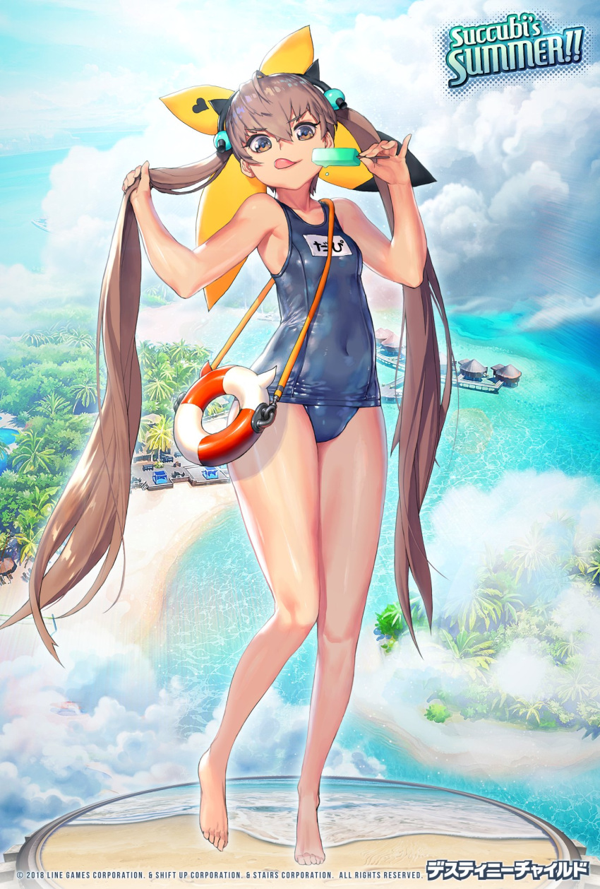 1girl :q bangs bare_arms bare_legs bare_shoulders barefoot beach blue_sky blue_swimsuit breasts brown_eyes brown_hair building closed_mouth clouds cloudy_sky collarbone commentary_request covered_navel day destiny_child eyebrows_visible_through_hair food forest hair_between_eyes hands_up head_tilt heart highres holding holding_food holding_hair kim_hyung_tae lifebuoy long_hair looking_at_viewer name_tag nature ocean old_school_swimsuit one-piece_swimsuit outdoors palm_tree popsicle sand school_swimsuit sky small_breasts smile solo standing standing_on_one_leg swimsuit tongue tongue_out translated tree twintails v-shaped_eyebrows very_long_hair water watermark