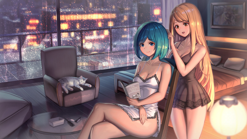 2girls :d animal armchair bangs bare_arms bare_shoulders bed bedroom black_panties blanket blonde_hair blue_eyes blue_hair blurry blurry_foreground blush bob_cut book breasts brown_eyes building cat chair chemise city_lights cleavage closed_mouth collarbone comb combing commentary curtains cushion depth_of_field english english_commentary eyebrows_visible_through_hair eyes_visible_through_hair fingernails hair_dye head_tilt holding holding_book indoors lamp legs_crossed legs_together long_hair looking_at_another looking_at_viewer medium_breasts moonandmist multiple_girls night open_book open_mouth original panties parted_bangs photo_(object) pillow railing rain see-through shiny shiny_hair shiny_skin short_hair sidelocks sitting sleeping smile spaghetti_strap standing table thighs underwear very_long_hair white_cat window wooden_floor