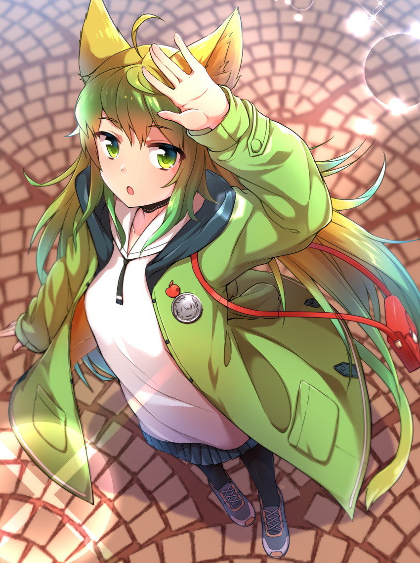 1girl ahoge alternate_costume animal_ears atalanta_(fate) black_skirt blush braid casual cat_tail commentary_request contemporary eyebrows_visible_through_hair fate/apocrypha fate_(series) french_braid from_above gradient_hair green_eyes green_hair green_jacket hair_between_eyes highres hood hoodie jacket long_hair looking_at_viewer miniskirt minowa_sukyaru multicolored_hair open_clothes open_jacket open_mouth pleated_skirt skirt tail two-tone_hair zipper