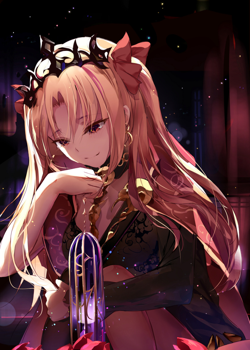 1girl absurdres asymmetrical_sleeves bangs black_dress blonde_hair blush bow breasts closed_mouth commentary_request dress earrings ereshkigal_(fate/grand_order) eyebrows_visible_through_hair fallen_heaven fate/grand_order fate_(series) hair_between_eyes hair_bow highres infinity jewelry long_hair long_sleeves medium_breasts parted_bangs red_bow red_eyes skull smile solo spine tiara two_side_up very_long_hair