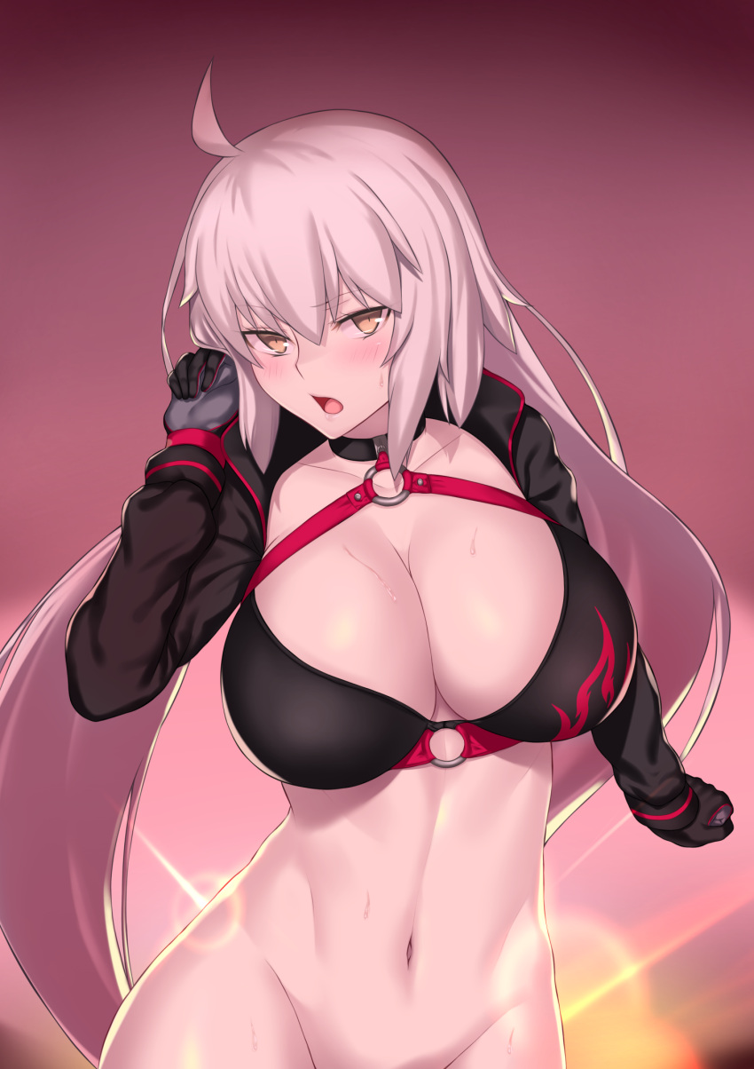 1girl ahoge aster_crowley backlighting bangs bikini black_bikini black_gloves black_jacket blush breasts choker cleavage collarbone cropped_jacket fate/grand_order fate_(series) gloves gradient gradient_background hair_between_eyes highres hips jacket jeanne_d'arc_(alter_swimsuit_berserker) jeanne_d'arc_(fate)_(all) large_breasts lens_flare long_hair looking_at_viewer navel open_mouth solo swimsuit very_long_hair waist yellow_eyes