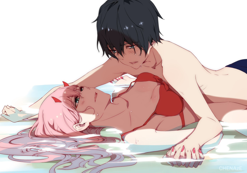 1boy 1girl artist_name bangs bikini bikini_top black_hair blue_eyes blush breast_press breasts chenaze57 chinese_commentary cleavage collarbone commentary_request couple darling_in_the_franxx eyebrows_visible_through_hair floating_hair green_eyes hand_holding hand_on_another's_arm hetero highres hiro_(darling_in_the_franxx) horns interlocked_fingers long_hair looking_at_another lying lying_on_person male_swimwear medium_breasts nail_polish no_panties on_back on_stomach oni_horns partially_submerged pink_hair red_bikini red_horns red_nails shirtless short_hair swim_trunks swimsuit swimwear water wet zero_two_(darling_in_the_franxx)