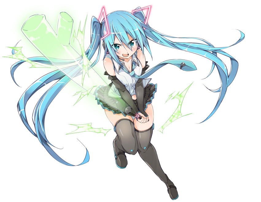 1girl aqua_eyes bibi blue_hair boots detached_sleeves full_body hatsune_miku headset highres long_hair looking_at_viewer microphone necktie open_mouth pleated_skirt simple_background skirt solo spring_onion sword thigh-highs thigh_boots twintails very_long_hair vocaloid weapon white_background