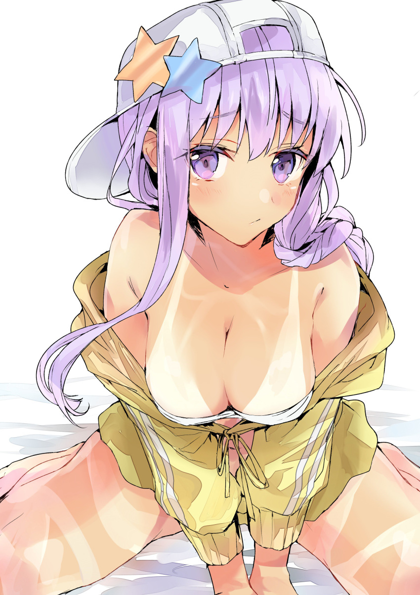 1girl absurdres bangs bare_shoulders bb_(fate/extra_ccc) bb_(swimsuit_mooncancer)_(fate) bed_sheet between_legs bikini blush braid breasts cleavage closed_mouth collarbone eyebrows_visible_through_hair fate/grand_order fate_(series) flat_cap hair_between_eyes hand_between_legs hat highres jacket large_breasts long_hair long_sleeves navel off_shoulder purple_hair sideways_hat sitting solo star swimsuit tan tanline tomozero very_long_hair violet_eyes wariza white_background white_bikini white_hat yellow_jacket