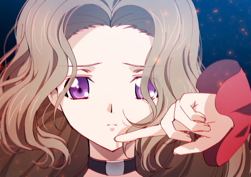 1girl bangs brown_hair choker closed_mouth code_geass creayus forehead hand_up long_sleeves looking_at_viewer m nunnally_lamperouge parted_bangs portrait sad solo violet_eyes