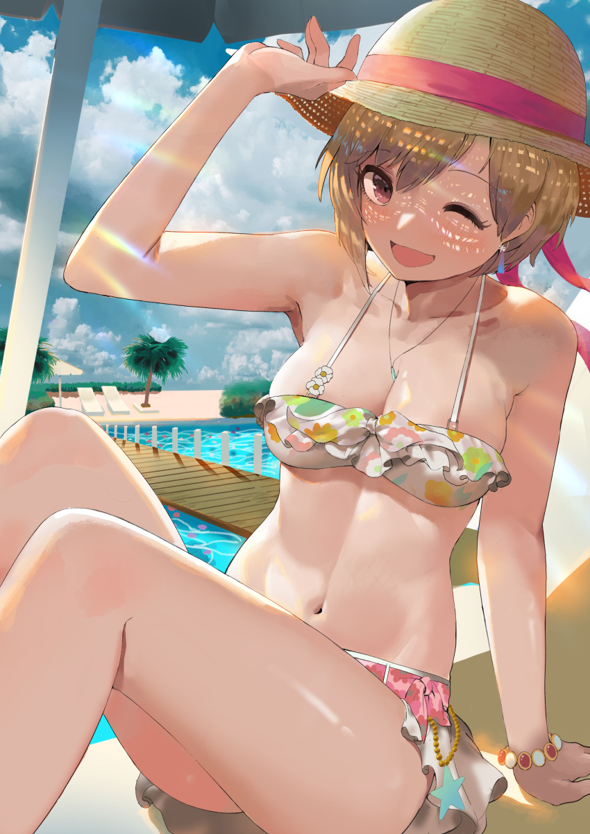 1girl :d absurdres adjusting_clothes adjusting_hat aiba_yumi arm_support armpit_peek bangs bare_arms beach_chair beach_umbrella belt between_breasts bikini bikini_top blonde_hair blush bracelet breasts bridge brown_eyes bsue bush cherry_blossoms cleavage clouds cloudy_sky collarbone daisy day earrings eyebrows_visible_through_hair eyelashes floral_print flower frilled_bikini frills front-tie_bikini front-tie_top groin hat hat_ribbon highres idolmaster idolmaster_cinderella_girls idolmaster_cinderella_girls_starlight_stage jewelry knees_up large_breasts looking_at_viewer midriff miniskirt navel one_eye_closed open_mouth outdoors palm_tree pendant petals petals_on_liquid pink_belt pink_ribbon pool poolside ribbon shiny shiny_skin short_hair single_sidelock sitting skirt sky smile solo star sun_hat sunlight swept_bangs swimsuit thighs tree umbrella under_umbrella white_bikini_top white_skirt