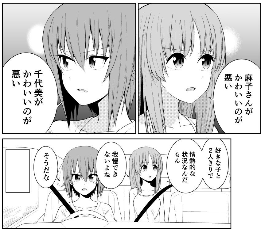 2girls absurdres bangs car_interior collarbone comic commentary_request driving girls_und_panzer greyscale hair_between_eyes highres medium_hair monochrome multiple_girls nishizumi_maho nishizumi_miho open_mouth seatbelt siblings sisters steering_wheel tank_top translation_request upper_body yawaraka_black