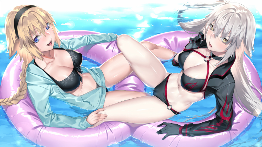 1girl 2girls ahoge bikini black_bikini black_jacket blonde_hair blue_eyes blush breasts choker cleavage collarbone commentary_request day deras eyebrows_visible_through_hair fate/grand_order fate_(series) front-tie_top hair_between_eyes hairband innertube jacket jeanne_d'arc_(alter)_(fate) jeanne_d'arc_(alter_swimsuit_berserker) jeanne_d'arc_(fate) jeanne_d'arc_(fate)_(all) jeanne_d'arc_(swimsuit_archer) large_breasts long_hair looking_at_viewer midriff multiple_girls navel o-ring outdoors side-tie_bikini stomach swimsuit very_long_hair water yellow_eyes