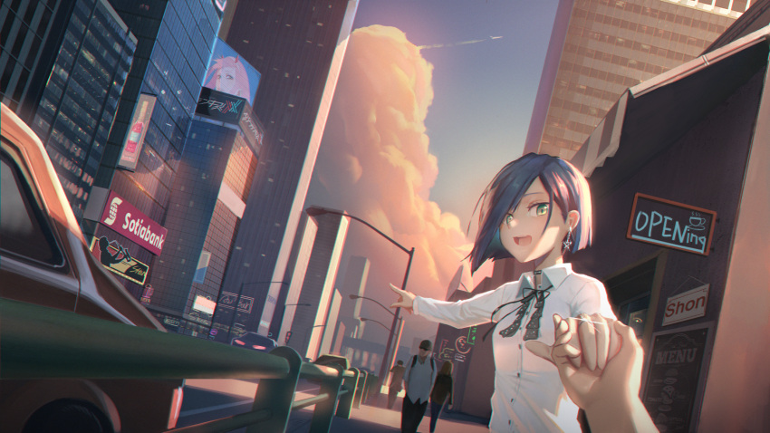 1girl :d artist_name blue_hair blush breasts choker city clouds darling_in_the_franxx earrings evening green_eyes highres holding_hand ichigo_(darling_in_the_franxx) jewelry looking_at_viewer medium_breasts open_mouth outdoors pov pov_hands ring road shon short_hair smile solo_focus star star_earrings wallpaper zero_two_(darling_in_the_franxx)