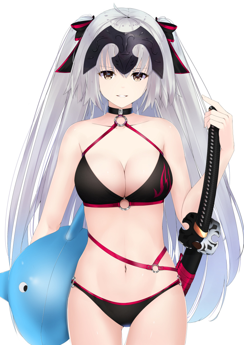 1girl absurdres ahoge bangs bikini black_bikini breasts choker cleavage collarbone commentary_request cowboy_shot eyebrows_visible_through_hair fate/grand_order fate_(series) hair_between_eyes hair_ribbon hand_on_hilt headpiece highres holding holding_sword holding_weapon inflatable_toy jeanne_d'arc_(alter_swimsuit_berserker) jeanne_d'arc_(fate)_(all) katana large_breasts long_hair looking_at_viewer mari_(doraerin0) navel o-ring open_mouth ribbon sheath sheathed sidelocks solo standing swimsuit sword twintails weapon white_background yellow_eyes