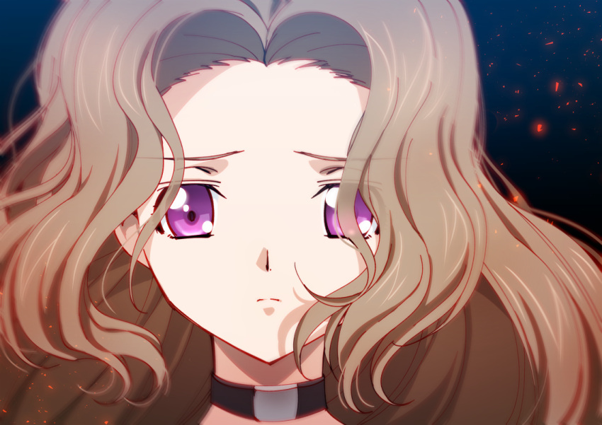 1girl bangs brown_hair choker closed_mouth code_geass creayus forehead looking_at_viewer m nunnally_lamperouge parted_bangs portrait sad solo violet_eyes