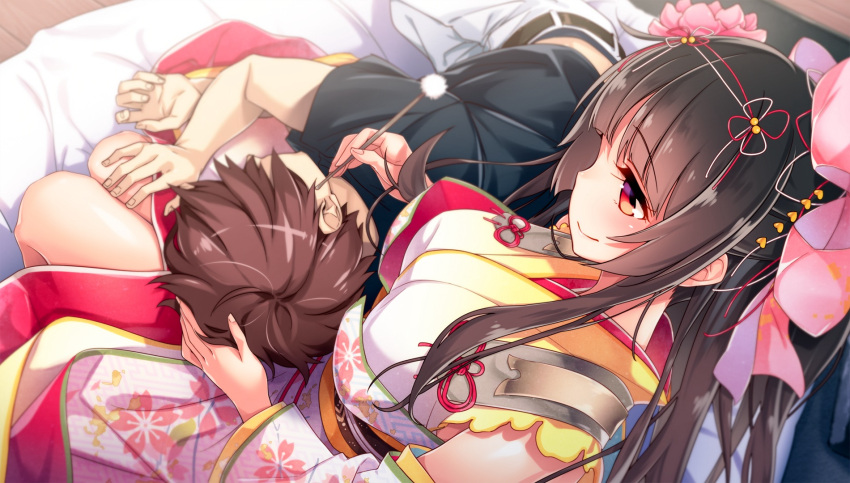 1boy 1girl belt black_shirt blush breasts brown_eyes brown_hair character_request dutch_angle ear_cleaning floral_print flower from_above game_cg hair_flower hair_ornament hair_ribbon hand_on_another's_leg highres indoors japanese_clothes kimono large_breasts long_hair lying mimikaki official_art on_bed on_side protagonist_(x-overd) red_ribbon ribbon shirt sidelocks smile very_long_hair x-overd