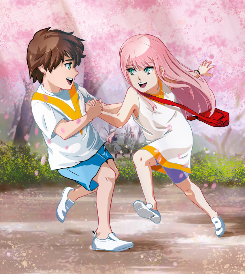 1boy 1girl albyee bag bangs bare_shoulders bike_shorts blue_eyes blue_shorts brown_hair cherry_blossoms child commentary commentary_request couple darling_in_the_franxx english_commentary eyebrows_visible_through_hair green_eyes hand_holding hand_on_back handbag hetero highres hiro_(darling_in_the_franxx) leg_up long_hair looking_at_another looking_at_viewer no_socks petals pink_hair purple_bike_shorts reincarnation shirt shoes short_hair short_sleeves shorts shots sleeveless sleeveless_shirt sneakers spoilers tree white_footwear white_shirt zero_two_(darling_in_the_franxx)