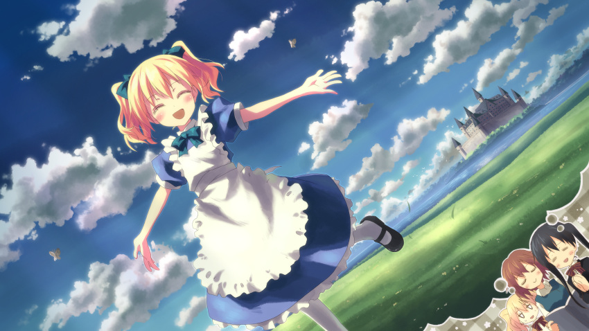 3girls :&gt; :d =_= absurdres alice_cartelet apron blonde_hair book castle closed_eyes clouds day dress field highres imagining inokuma_youko kin-iro_mosaic komichi_aya maid multiple_girls open_mouth outstretched_arms scan sky smile spread_arms thought_bubble twintails yuuki_tatsuya