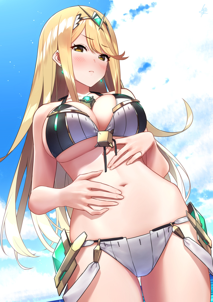 1girl absurdres baffu bangs bare_shoulders bikini blonde_hair blue_sky blush breasts cleavage closed_eyes clouds collarbone commentary_request earrings eyebrows_visible_through_hair from_below gem hair_between_eyes halterneck hand_on_own_stomach highres mythra_(xenoblade) jewelry large_breasts long_hair looking_at_viewer looking_down navel outdoors partially_submerged sky swept_bangs swimsuit tiara under_boob water white_bikini xenoblade_(series) xenoblade_2 yellow_eyes