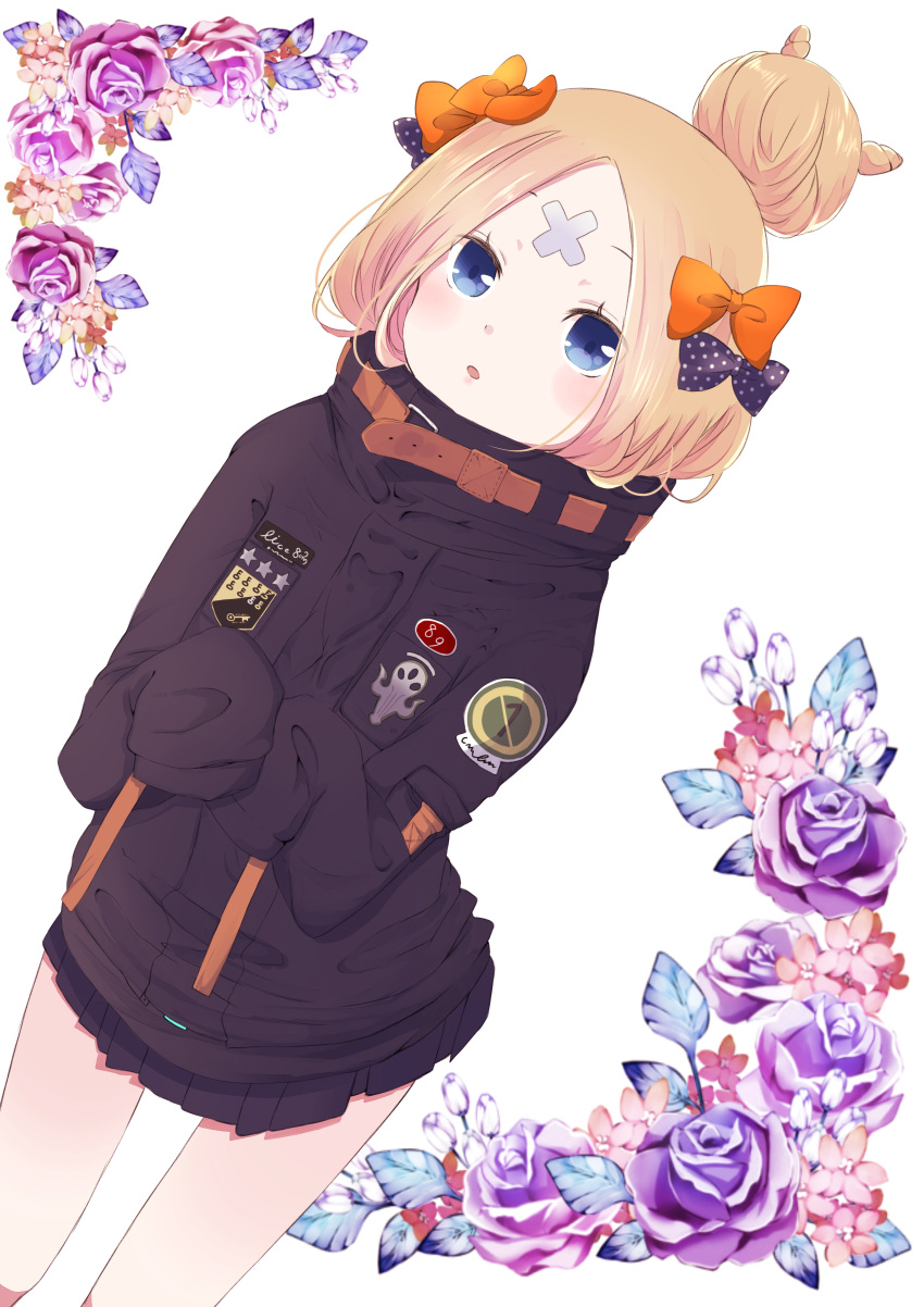 1girl :o abigail_williams_(fate/grand_order) absurdres bangs black_bow black_jacket blonde_hair blue_eyes blush bow commentary_request crossed_bandaids dutch_angle fate/grand_order fate_(series) flower hair_bow hair_bun hands_up highres hiroshi_(jasinloki) jacket long_hair long_sleeves looking_at_viewer orange_bow parted_bangs parted_lips polka_dot polka_dot_bow purple_flower purple_rose red_flower rose simple_background sleeves_past_fingers sleeves_past_wrists solo standing white_background