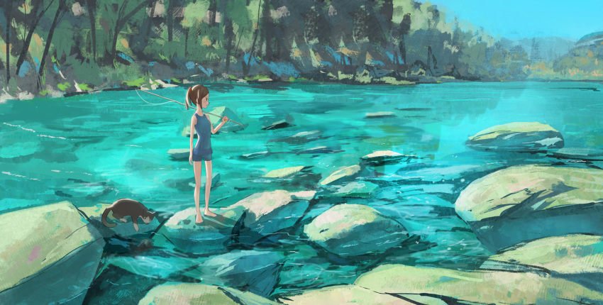 1girl brown_hair cat day fishing_rod forest highres holding nature original outdoors over_shoulder ponytail reido_(reido_c) river school_swimsuit standing swimsuit water