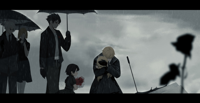 3boys 3girls bangs black_dress black_gloves black_hair black_jacket black_neckwear black_pants black_umbrella blonde_hair blurry blurry_foreground bouquet character_request child clenched_teeth clouds cloudy_sky collarbone collared_shirt commentary depth_of_field dishwasher1910 dress flower glasses gloves hand_up holding holding_bouquet holding_umbrella hug jacket long_hair low_twintails multiple_boys multiple_girls necktie open_clothes open_jacket outdoors overcast pants parted_lips profile puffy_short_sleeves puffy_sleeves rain red_flower rwby shirt short_hair short_sleeves silver_hair sky teeth twintails umbrella white_shirt