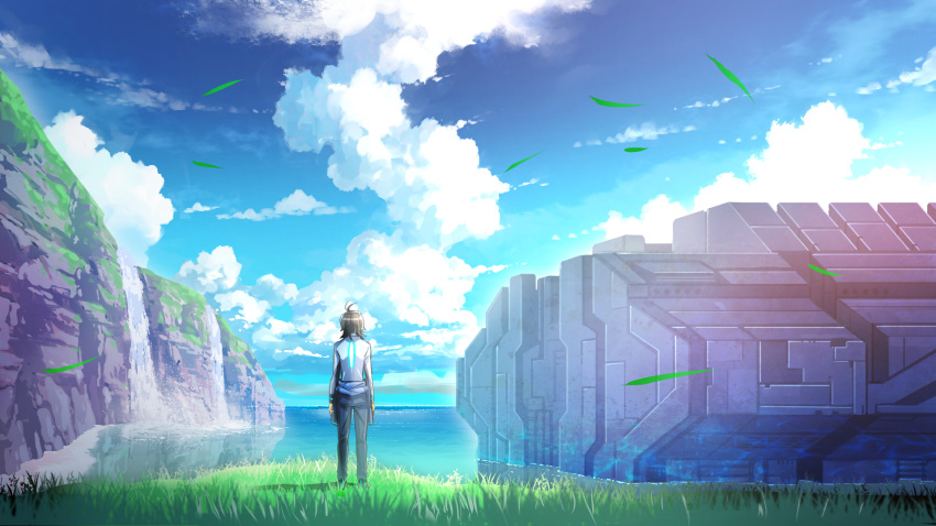 1boy antenna_hair black_footwear black_hair blue_pants blue_sky cliff clouds cloudy_sky commentary_request day facing_away from_behind grass grey_shirt highres horizon long_sleeves male_focus ocean on_grass original outdoors pants partial_commentary scenery science_fiction shirt shoes sky solo standing suishougensou water waterfall