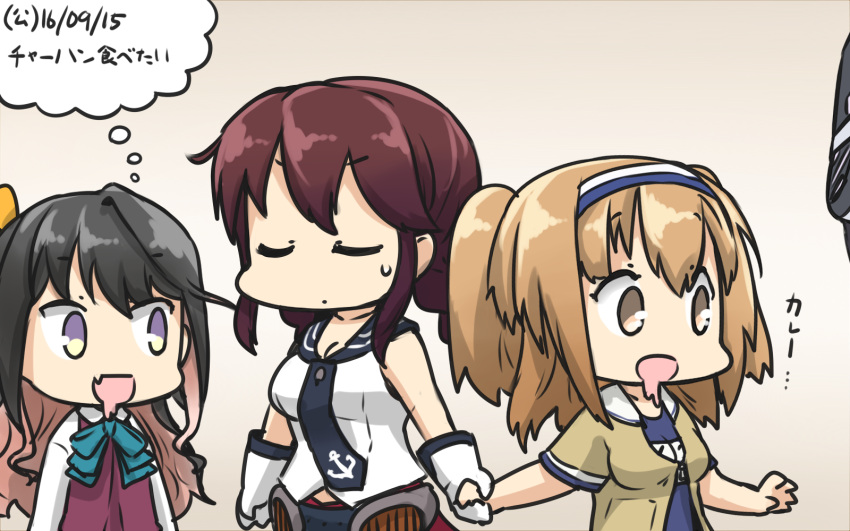 4girls black_hair bow bowtie braid brown_hair clothes_writing commentary_request dated dress drooling fang gloves hairband hamu_koutarou headgear highres i-26_(kantai_collection) kantai_collection light_brown_eyes light_brown_hair long_hair multicolored_hair multiple_girls naganami_(kantai_collection) necktie noshiro_(kantai_collection) open_mouth pink_hair ribbon sailor_collar school_swimsuit shirt sleeveless sleeveless_dress sleeveless_shirt sweatdrop swimsuit swimsuit_under_clothes tenryuu_(kantai_collection) twin_braids two-tone_hairband two_side_up white_gloves white_shirt