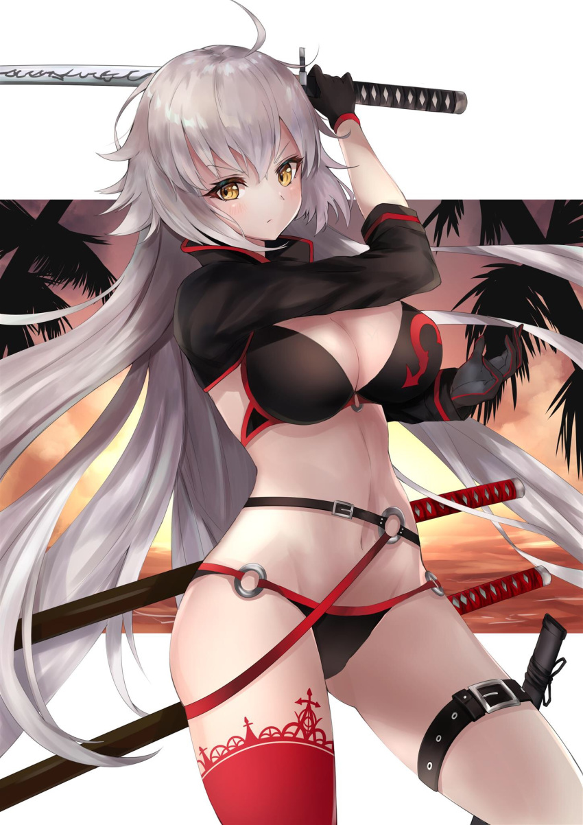 1girl ahoge bangs belt belt_buckle bikini black_belt black_bikini black_gloves black_jacket blush breasts buckle cleavage closed_mouth commentary_request cowboy_shot cropped_jacket eyebrows_visible_through_hair fate/grand_order fate_(series) floating_hair gloves gluteal_fold groin hair_between_eyes hands_up highres hips holding jacket jeanne_d'arc_(alter_swimsuit_berserker) jeanne_d'arc_(fate)_(all) katana large_breasts long_hair long_sleeves looking_at_viewer medium_breasts midriff navel o-ring o-ring_belt o-ring_bikini o-ring_bottom o-ring_top outdoors red_legwear sheath sheathed sidelocks silver_hair single_thighhigh solo standing sunset swimsuit sword thigh-highs thighs unsheathed v-shaped_eyebrows very_long_hair waist weapon white_background yellow_eyes yutoriko_(candy0905)