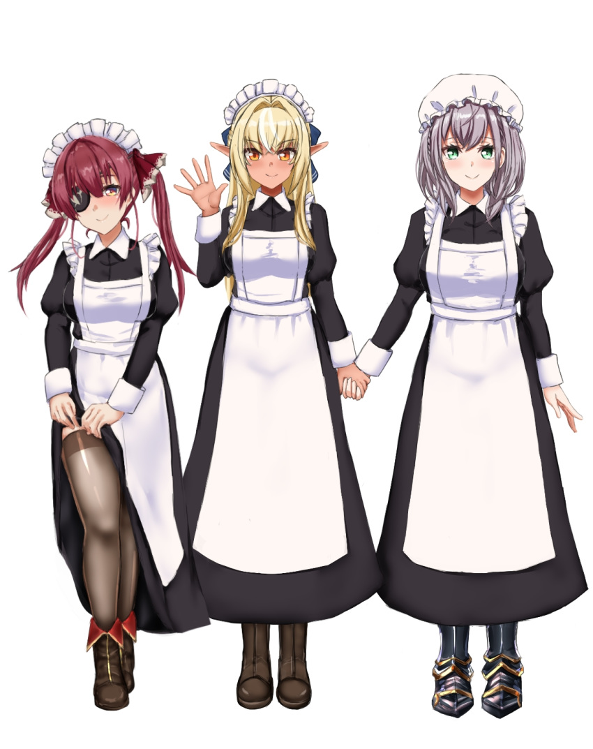 3girls alternate_costume apron armor blonde_hair blush boots commentary dark_skin dress dress_lift elf enmaided eyepatch green_eyes hat highres holding_hands hololive houshou_marine kinkin18 lifted_by_self long_hair looking_at_viewer maid maid_apron maid_headdress mob_cap multiple_girls orange_eyes pointy_ears redhead shiranui_flare shirogane_noel silver_hair thigh-highs twintails virtual_youtuber white_background