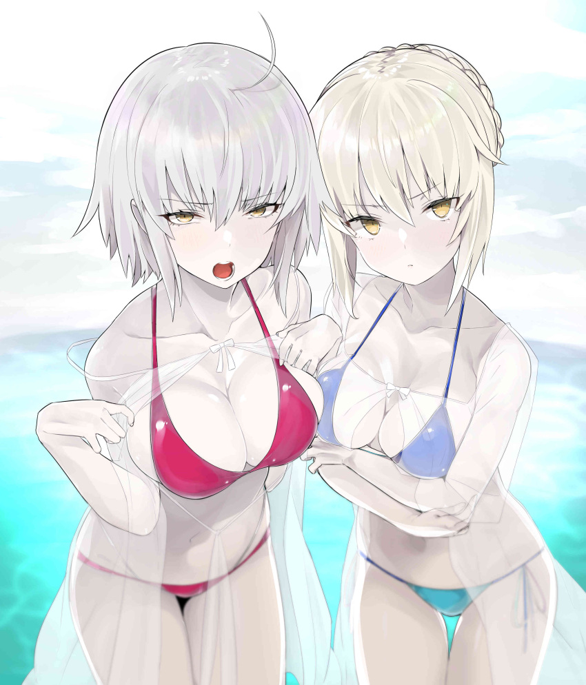 2girls absurdres ahoge artoria_pendragon_(all) bangs bare_shoulders bikini blonde_hair blue_bikini braid breasts cleavage collarbone fate/grand_order fate_(series) french_braid from_above groin highres hips jeanne_d'arc_(alter)_(fate) jeanne_d'arc_(fate)_(all) large_breasts long_hair looking_at_viewer medium_breasts mitsudoue multiple_girls navel open_mouth pale_skin red_bikini saber_alter short_hair side-tie_bikini swimsuit swimsuit_under_clothes thigh-highs thighs waist yellow_eyes