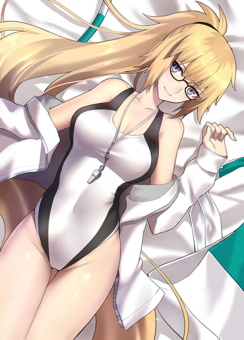 1girl bespectacled blonde_hair blue_eyes breasts cleavage commentary_request competition_swimsuit covered_navel dutch_angle eyebrows_visible_through_hair fate/grand_order fate_(series) from_above glasses hair_between_eyes hairband high_ponytail highres jacket jeanne_d'arc_(fate) jeanne_d'arc_(fate)_(all) jeanne_d'arc_(swimsuit_archer) large_breasts long_hair looking_at_viewer lying on_back one-piece_swimsuit open_clothes open_jacket ponytail shiguru slit_pupils smile swimsuit thigh_gap thighs very_long_hair white_jacket