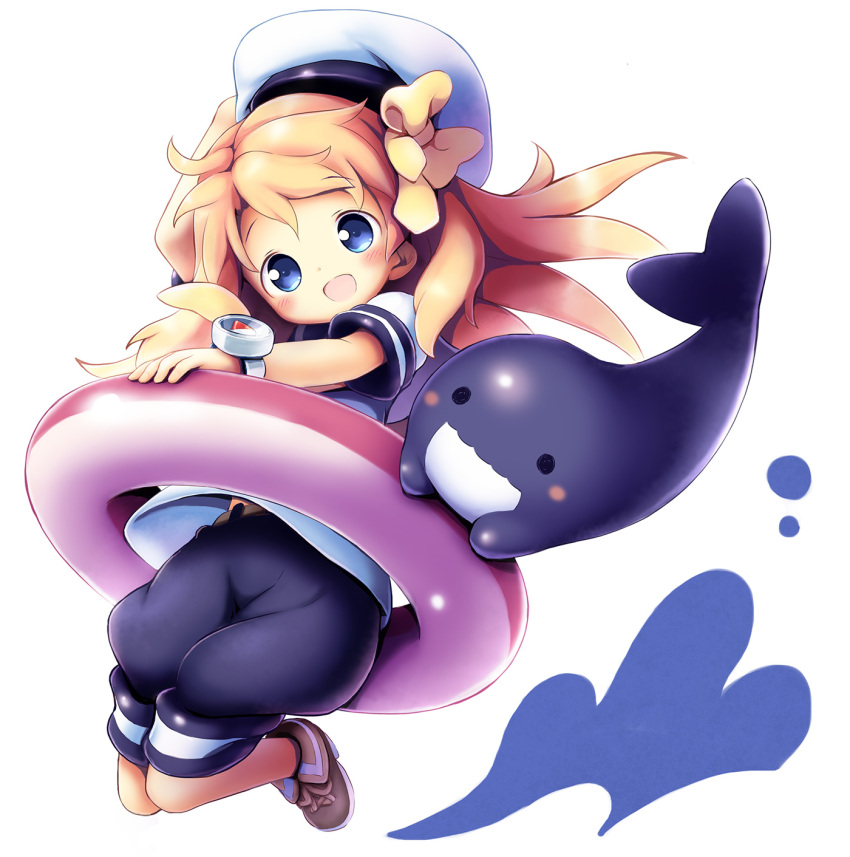 1girl :d aikei_ake animal bangs beret black_sailor_collar black_shorts blonde_hair blue_eyes blush bow brown_footwear commentary_request compass eyebrows_visible_through_hair full_body hair_bow hat head_tilt highres innertube long_hair looking_at_viewer open_mouth original pink_innertube puffy_shorts sailor_collar shirt shoes short_shorts short_sleeves shorts smile solo white_background white_hat white_shirt yellow_bow